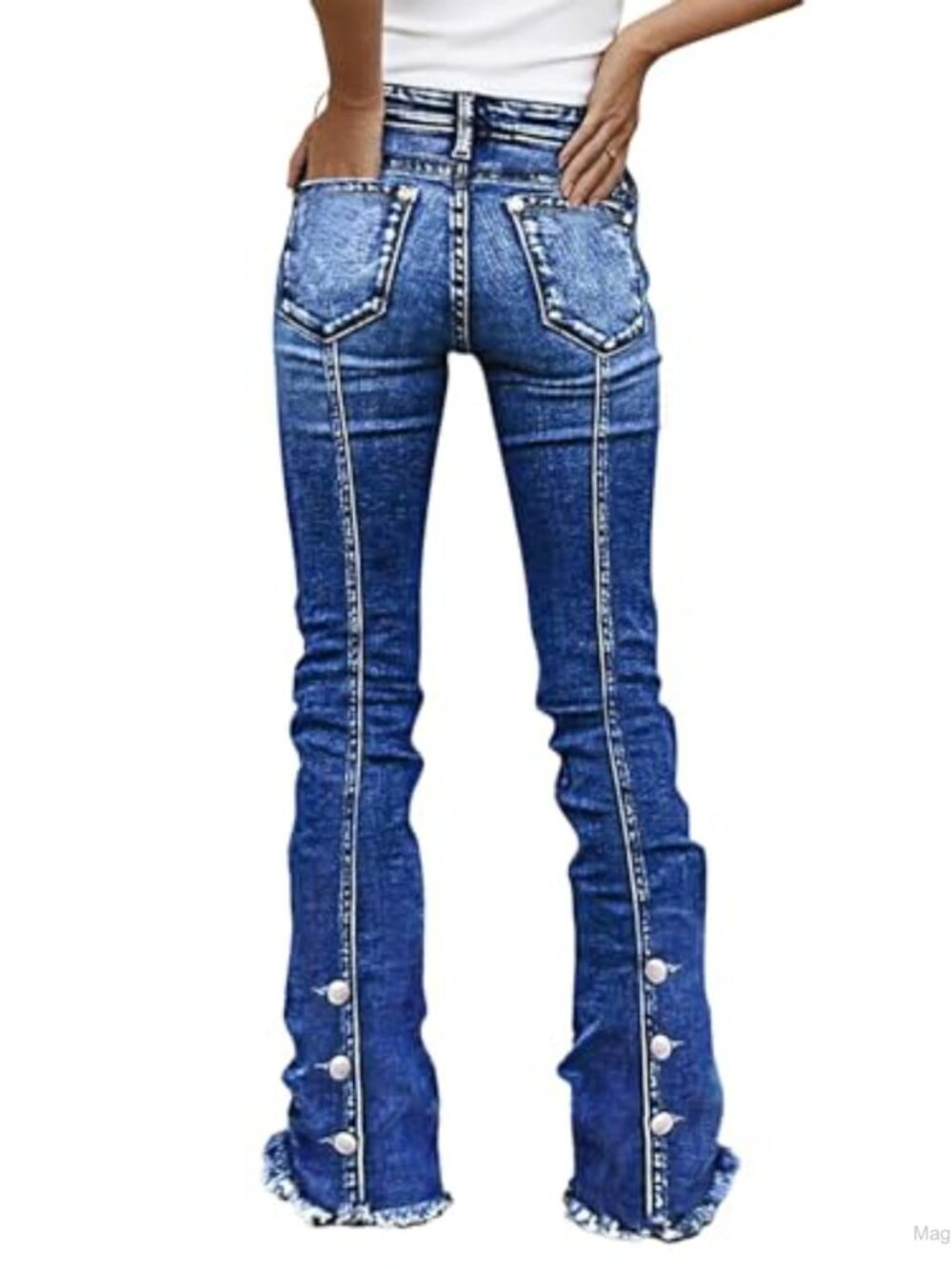 Women's Bootcut Mid Rise Raw Hem Jeans with Button Decor